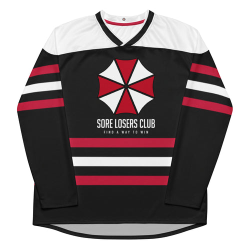 All-over-print recycled hockey fan jersey, front view, showing the Sore Losers Club biotech chest emblem.