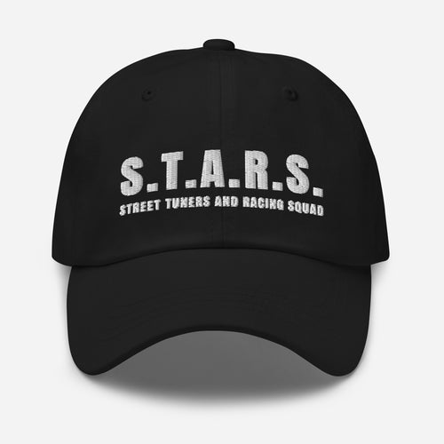 Black classic dad hat, front view, with the embroidered S.T.A.R.S. "Street Tuners And Racing Squad" wordmark on the crown.