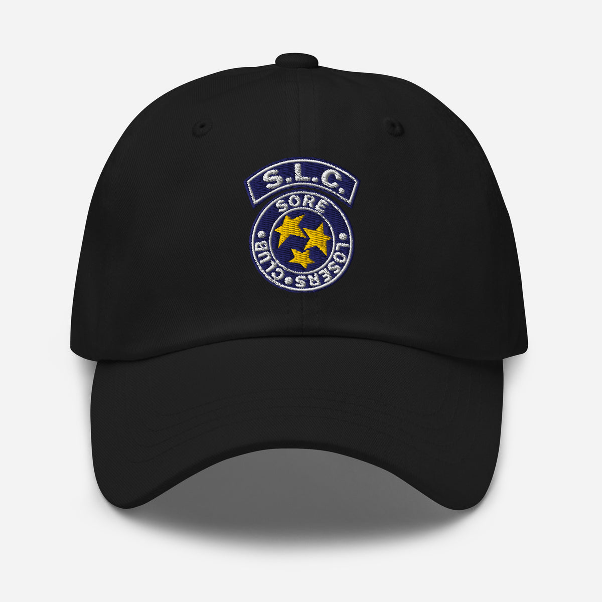 Black classic dad hat, front view, with the embroidered S.L.C. star badge on the crown.