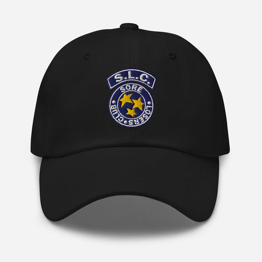 Black classic dad hat, front view, with the embroidered S.L.C. star badge on the crown.