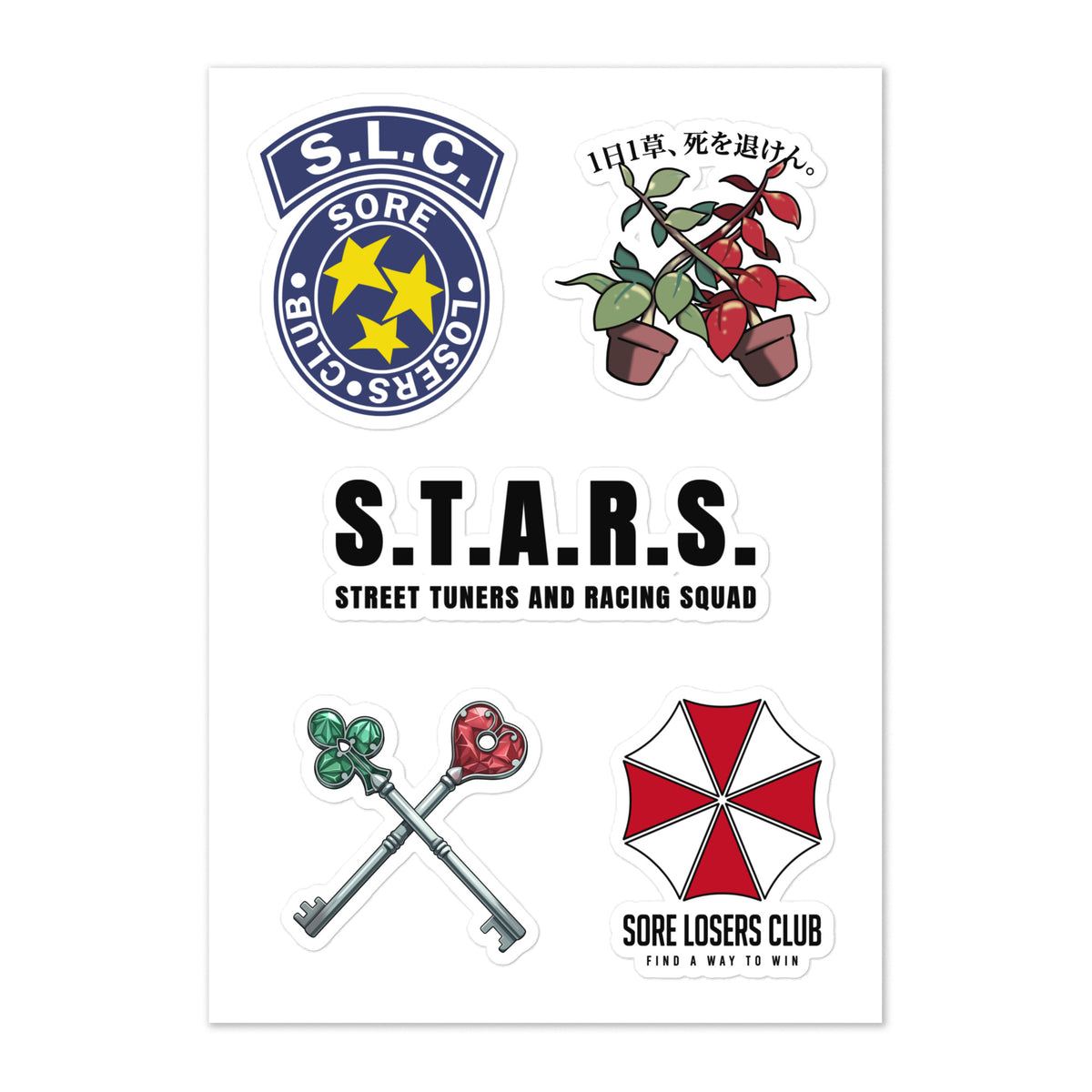 Kiss-cut sticker sheet with the S.L.C. star badge, the S.T.A.R.S. "Street Tuners And Racing Squad" logo, survival horror keys, red and green herbs, and the biotech "Find a Way to Win" SLC logo.