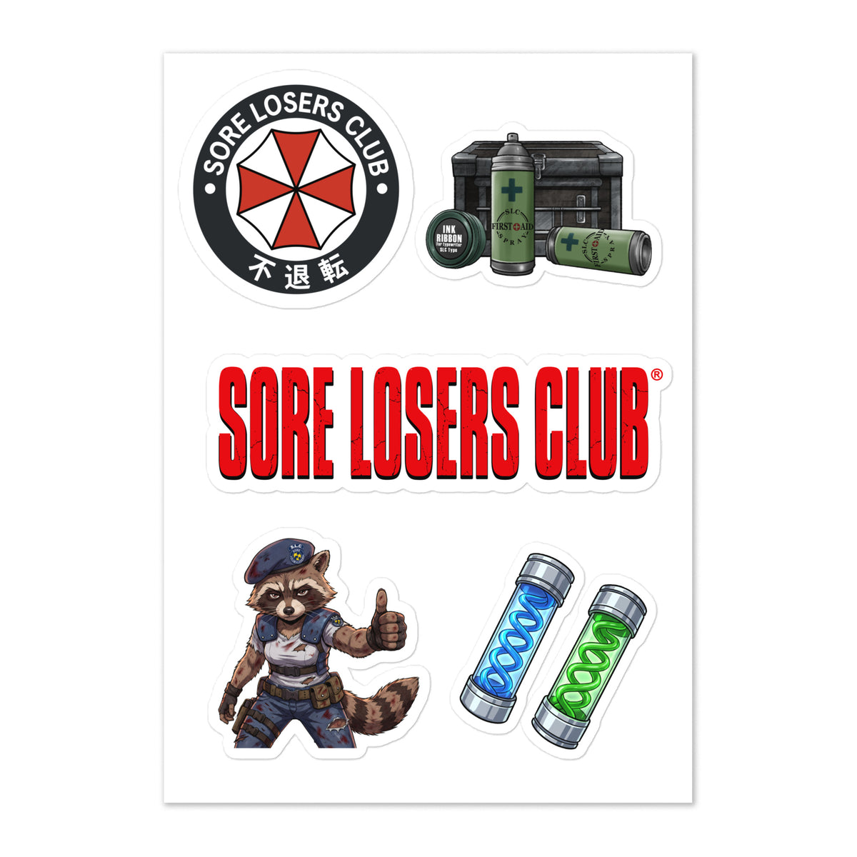 Kiss-cut sticker sheet with the Survival Horror Sore Losers Club logo, the tactical raccoon, the biotech SLC circle logo, virus vials, safe room storage, first aid spray and an ink ribbon.