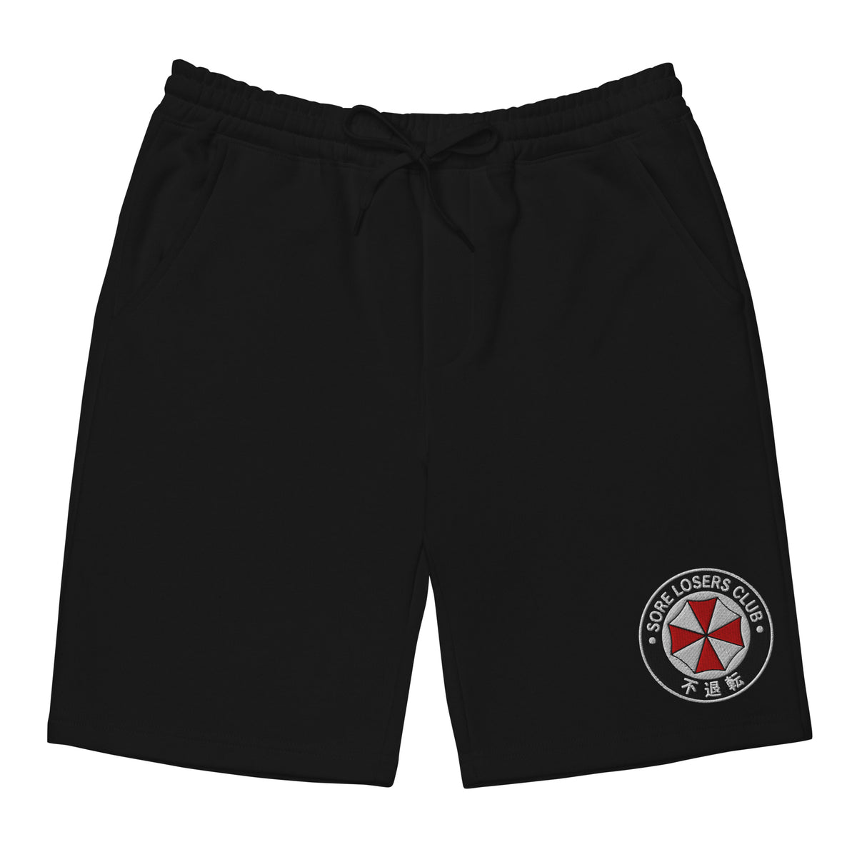 Black fleece shorts, front view, with an embroidered Sore Losers Club biotech circle logo on the left leg.