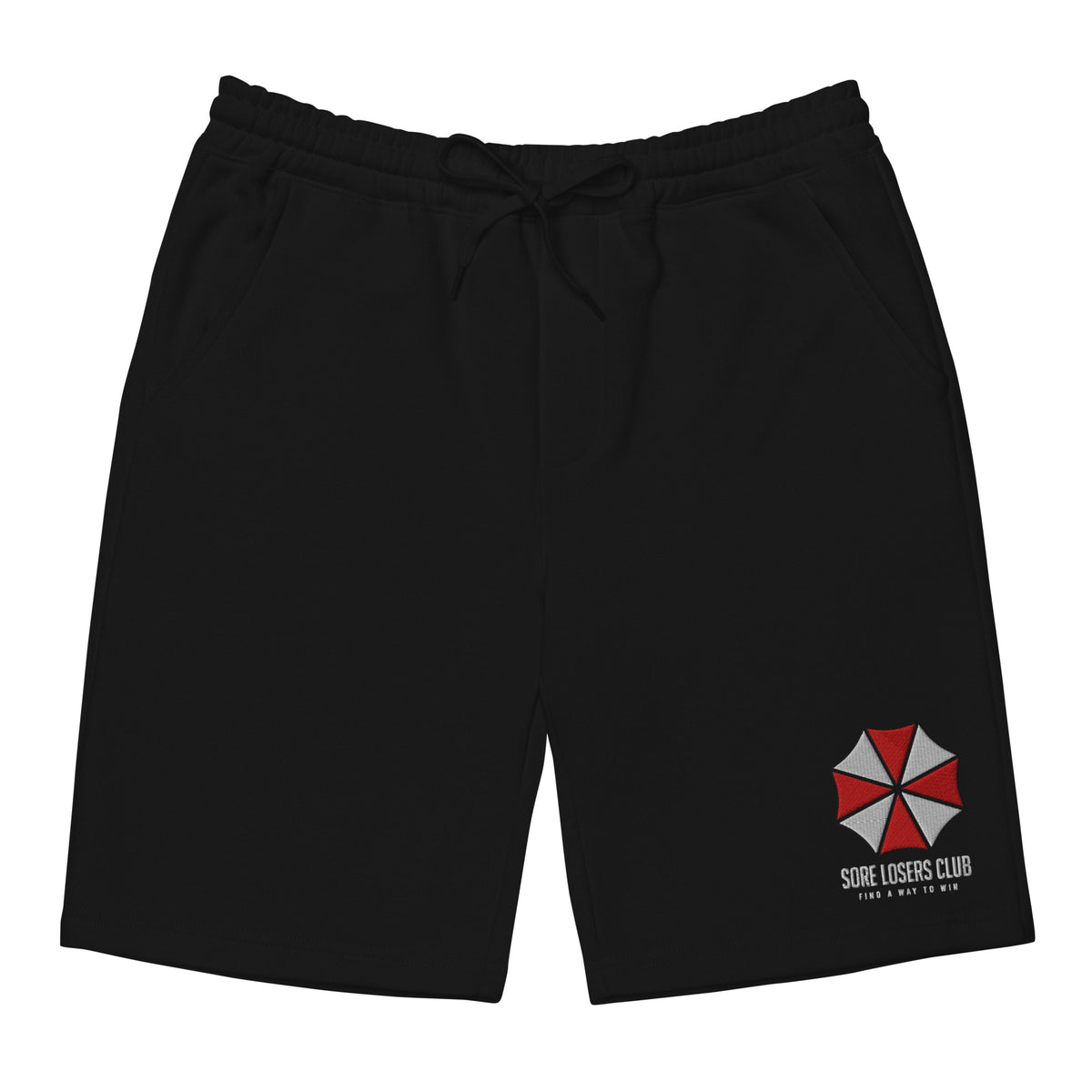 Black fleece shorts, front view, with an embroidered Sore Losers Club biotech emblem on the left leg.
