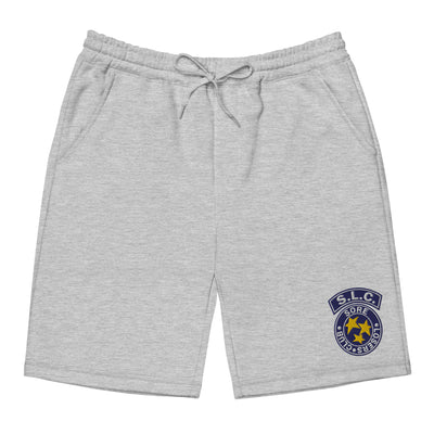 Heather grey fleece shorts, front view, with an embroidered S.L.C. star badge on the left leg.