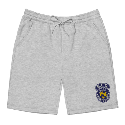Heather grey fleece shorts, front view, with an embroidered S.L.C. star badge on the left leg.