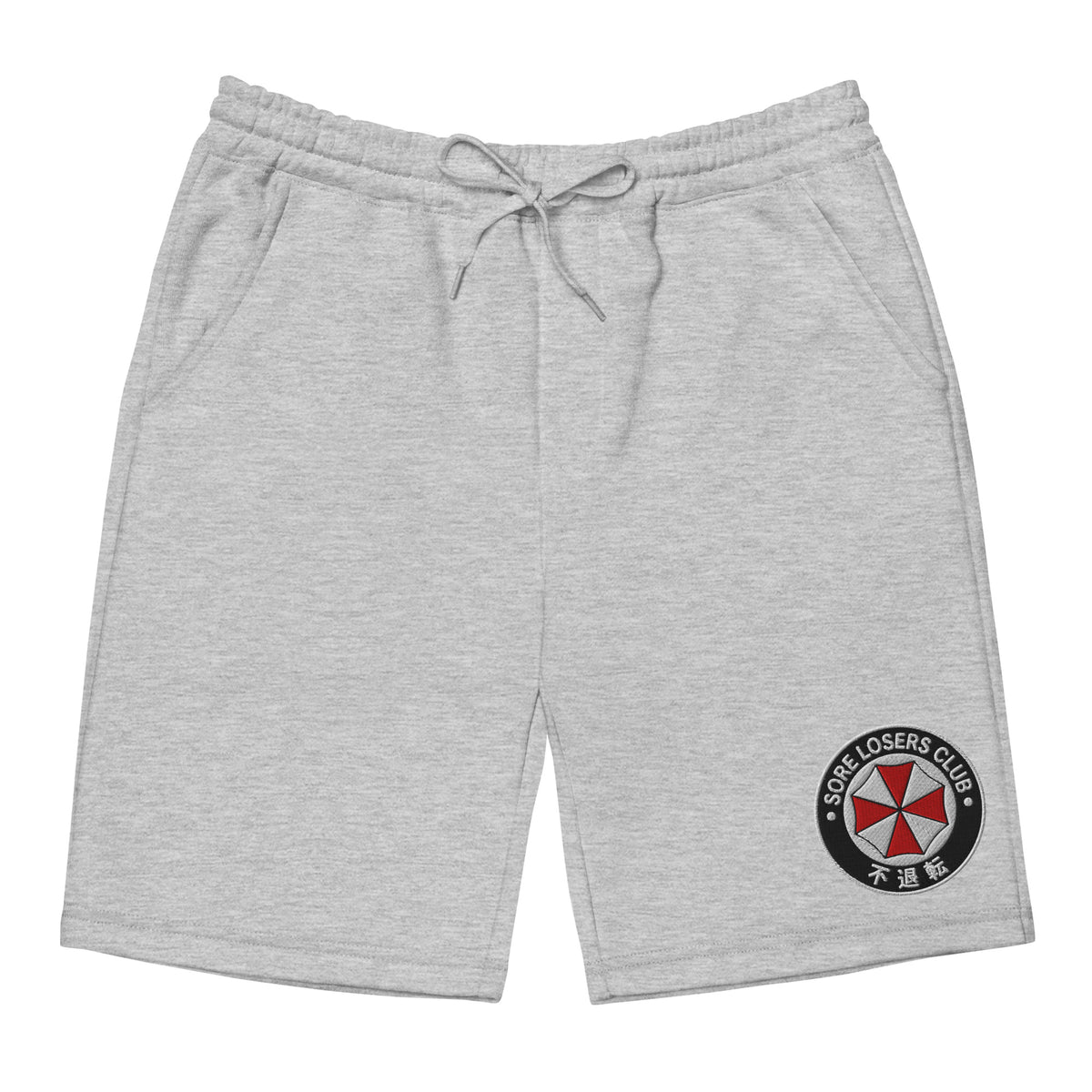Heather grey fleece shorts, front view, with an embroidered Sore Losers Club biotech circle logo on the left leg.