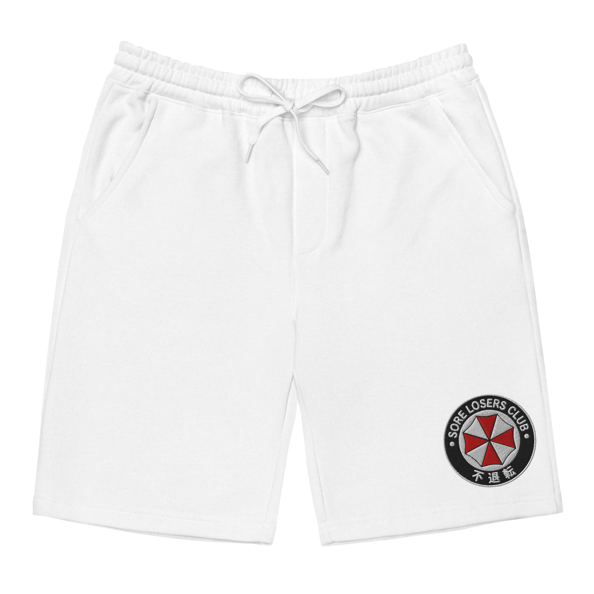 White fleece shorts, front view, with an embroidered Sore Losers Club biotech circle logo on the left leg.