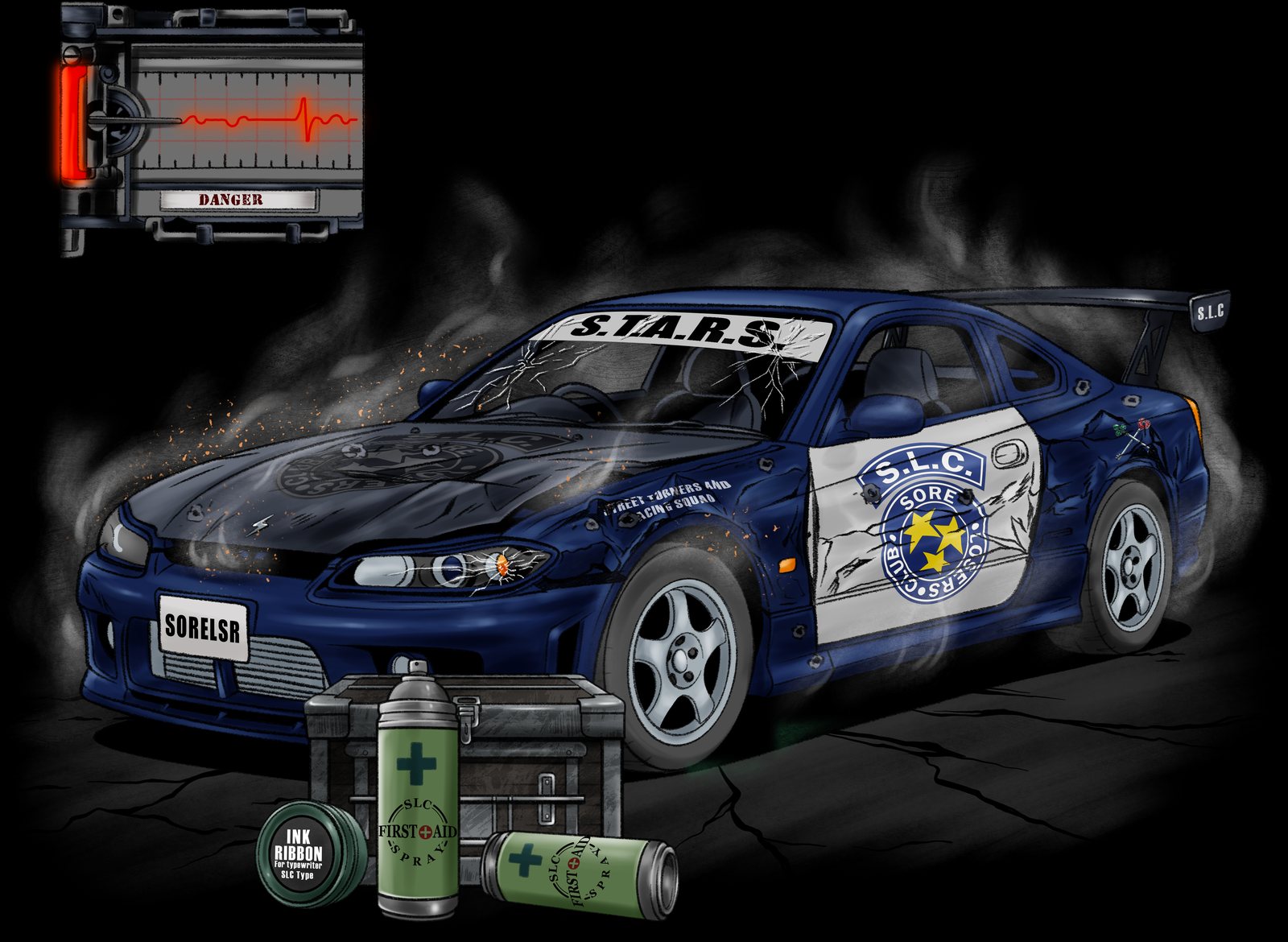 Damaged S.T.A.R.S. Nissan S15 with a heart monitor reading DANGER