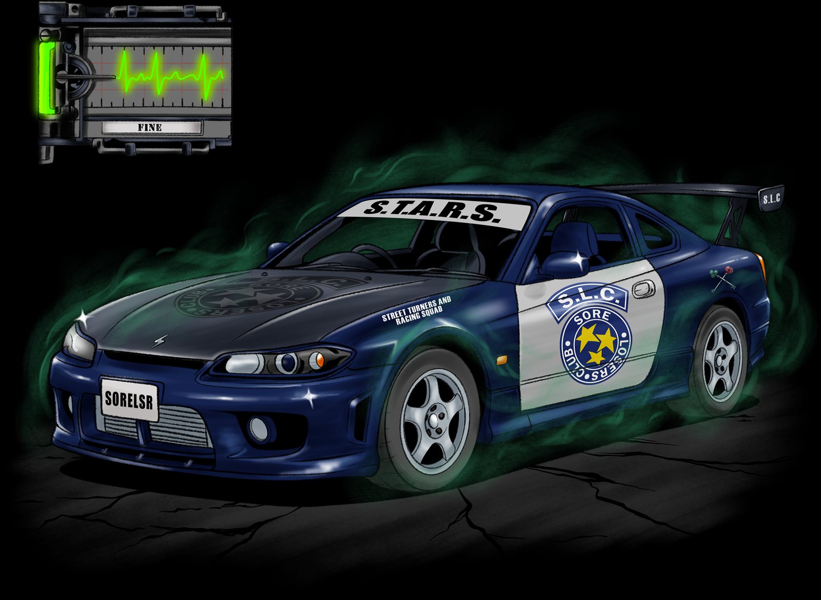 Repaired S.T.A.R.S. Nissan S15 in green mist with a heart monitor reading FINE