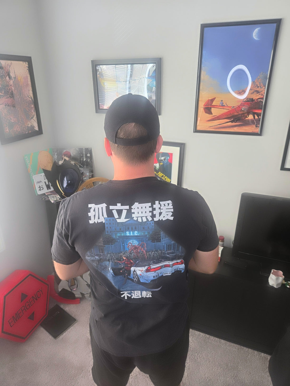 Back of the Premium NSX NA1 Biotech Survival Horror Tee in size L on a 5'10" model: the Biotech NSX NA1 with kanji