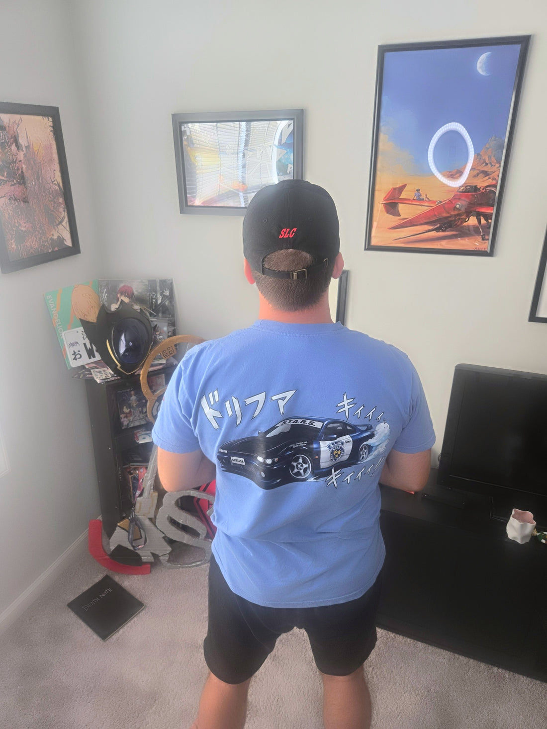 Back of the Premium S15 Street Tuners And Racing Squad Drift Tee in size L on a 5'10" model: the S.T.A.R.S. S15 drifting