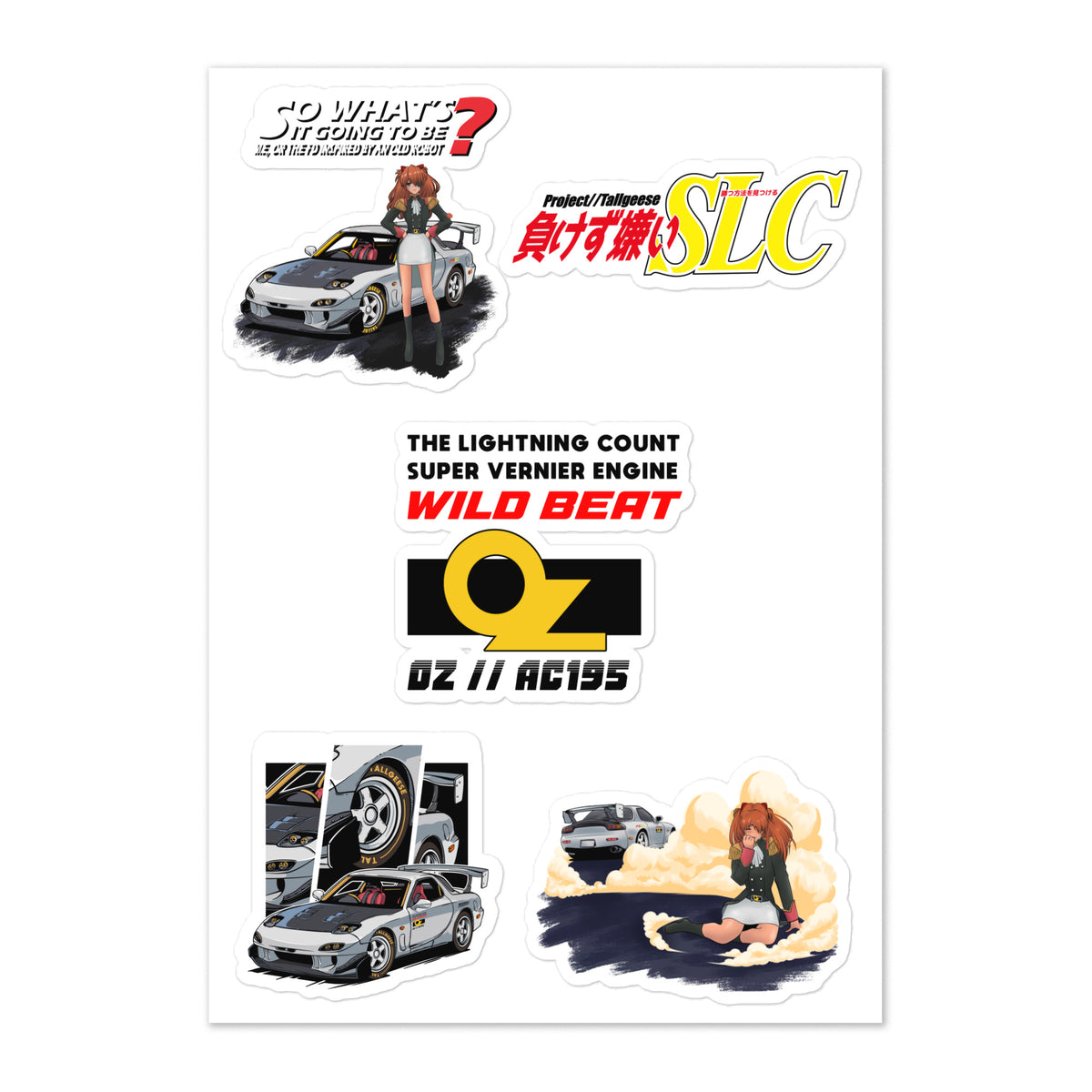 A sheet of die-cut stickers featuring automotive graphics, including a silver sports car, anime-style artwork, and text reading 'SLC', 'THE LIGHTNING COUNT SUPER VERNIER ENGINE WILD BEAT', and 'OZ // AC195'.
