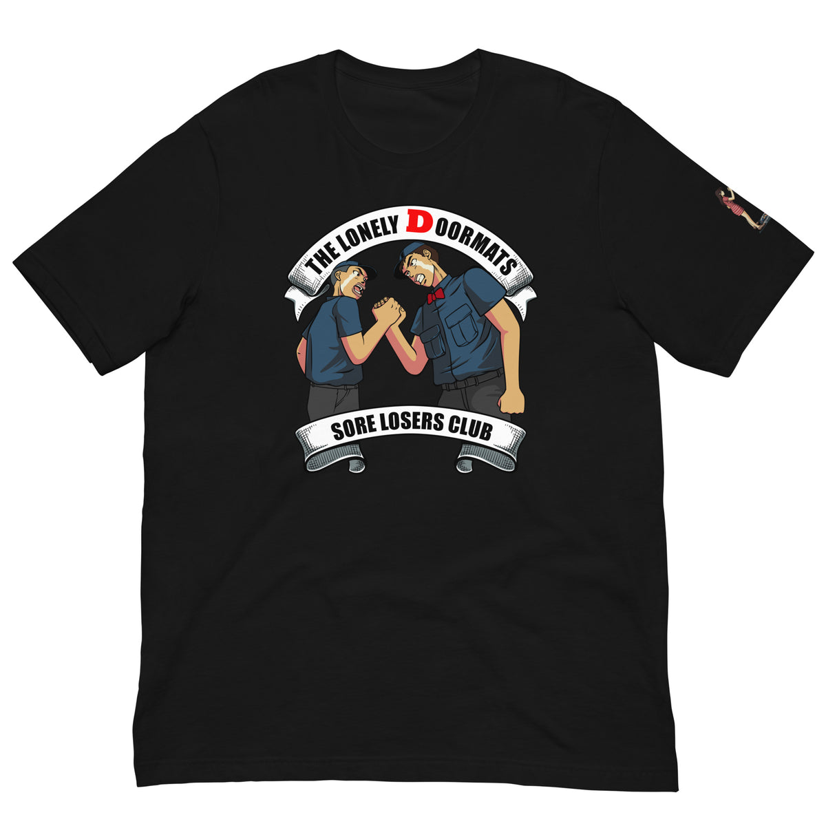 The Lonely Drivers Doormats Tee — Black t-shirt, front view