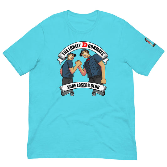 The Lonely Drivers Doormats Tee — Turquoise t-shirt, front view