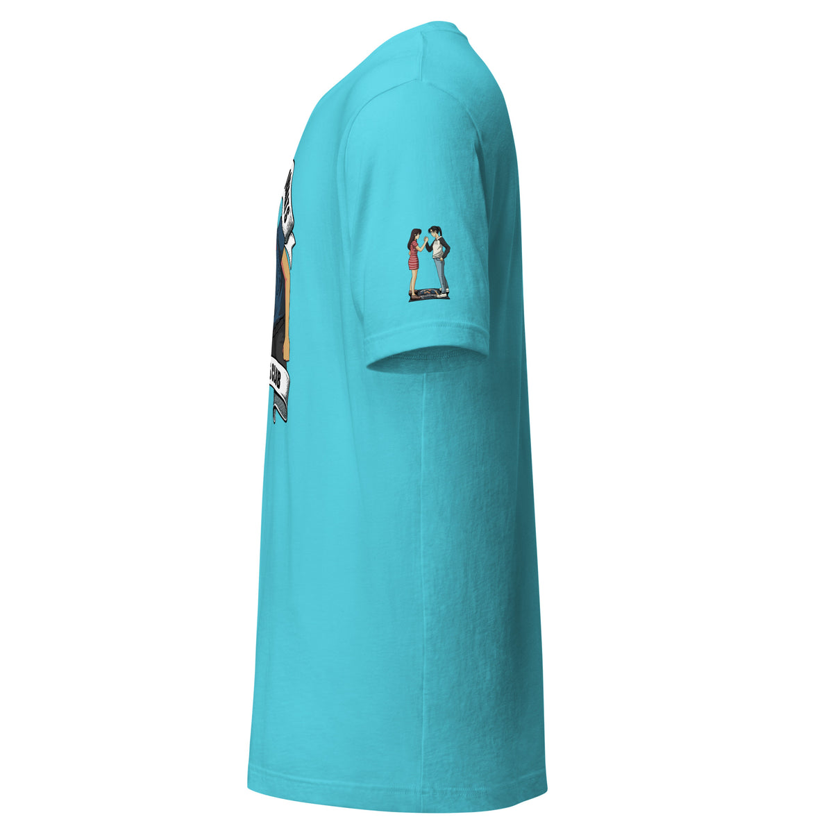 The Lonely Drivers Doormats Tee — Turquoise t-shirt, left side view