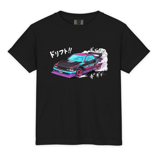 Black youth garment-dyed heavyweight t-shirt, front view, with the Sore Losers Club Scorch car graphic on the chest.