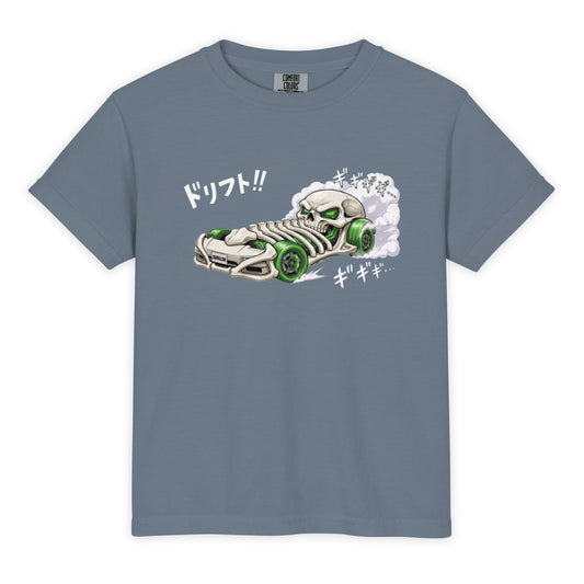 Blue Jean youth garment-dyed heavyweight t-shirt, front view, with the Sore Losers Club skull car graphic on the chest.