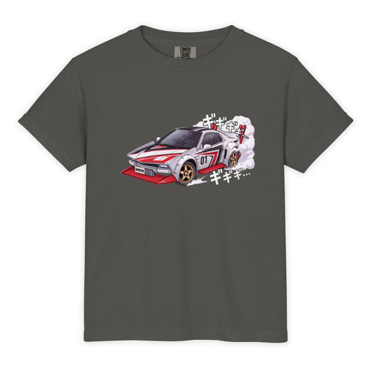 Pepper youth garment-dyed heavyweight t-shirt, front view, with the Sore Losers Club manga car graphic on the chest.